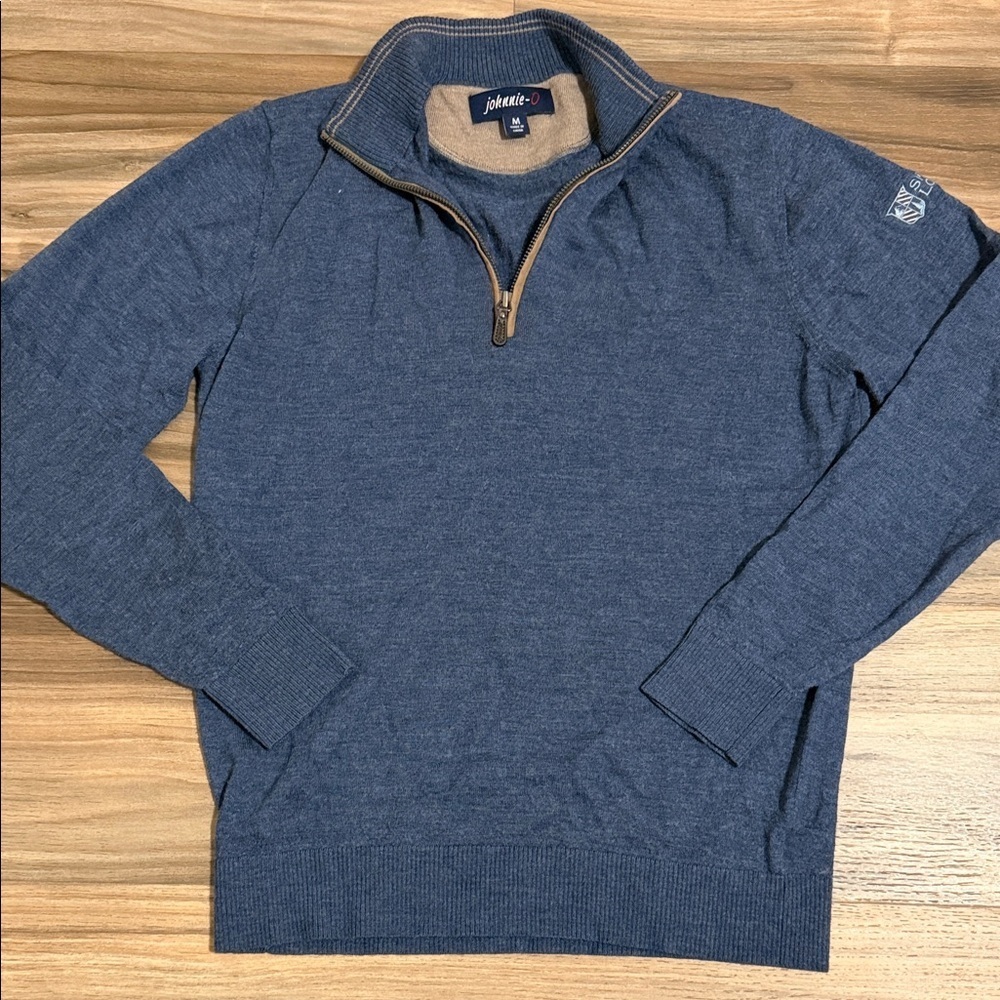 Johnnie O Baron Sweater Mens M Merino Wool Blend 1/4 Zip Laguna Blue *Logo